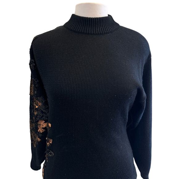 Vintage Black Wool Blend Sequin Sweater Medium Glam Animal Leaf Party Pullover - Picture 9 of 12